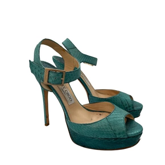Jimmy Choo Linda Leather Green Python Snake Platform Sandals Ankle Strap 38 (8) - Picture 1 of 12